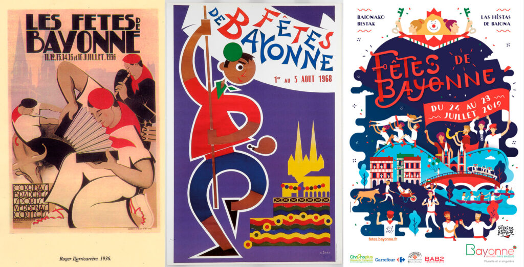 Depuis 1932, les affiches des Fêtes de Bayonne sont des œuvres d’art créatives. Pendant 50 ans, l’artiste Arnaud Saez les a conçues, puis unconcours ouvre la voie à de nouveaux talents depuis 2004